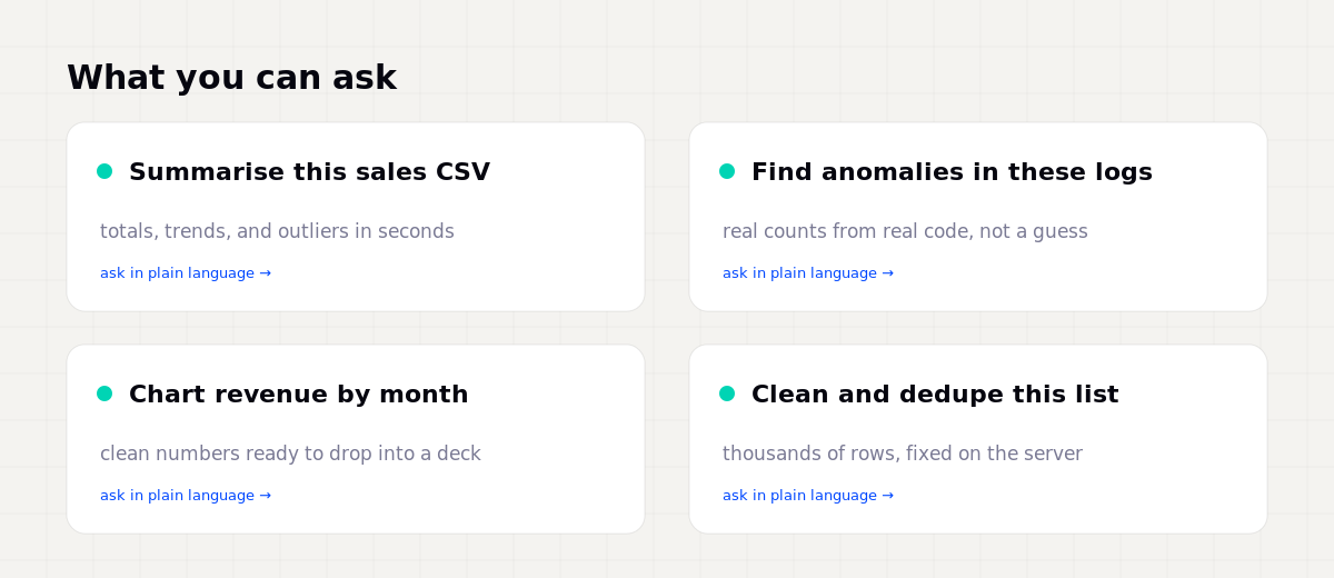 Examples of what you can ask: summarise a sales CSV, find anomalies in logs, chart revenue by month, and clean and dedupe a list.
